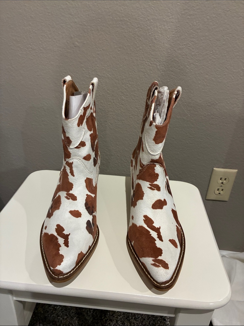 Cowprint Pointed Toe Ankle Boots — White & Brown